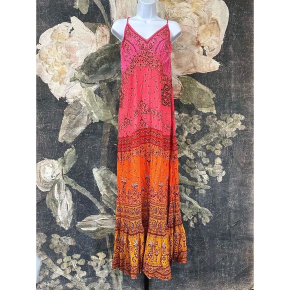 New Farm Rio Anthropologie  Maxi Dress Pink Paisley Sunset Size Large Cover Up - Picture 5 of 10